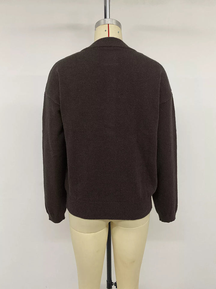 Crew neck button-up knit cardigan with patch pockets