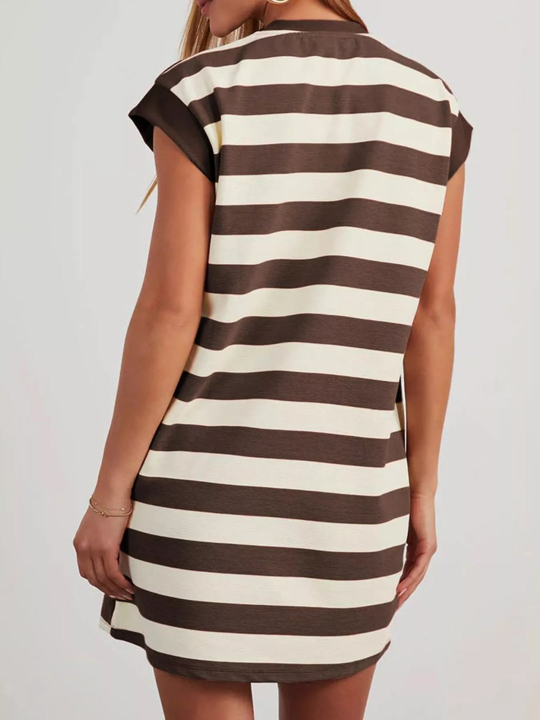 Striped cap sleeve mini dress with side pockets