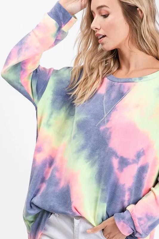 Tie-dye French terry pullover top with ribbed cuffs