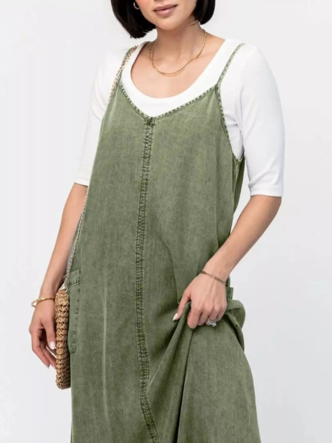 Washed denim cami maxi dress with side pockets
