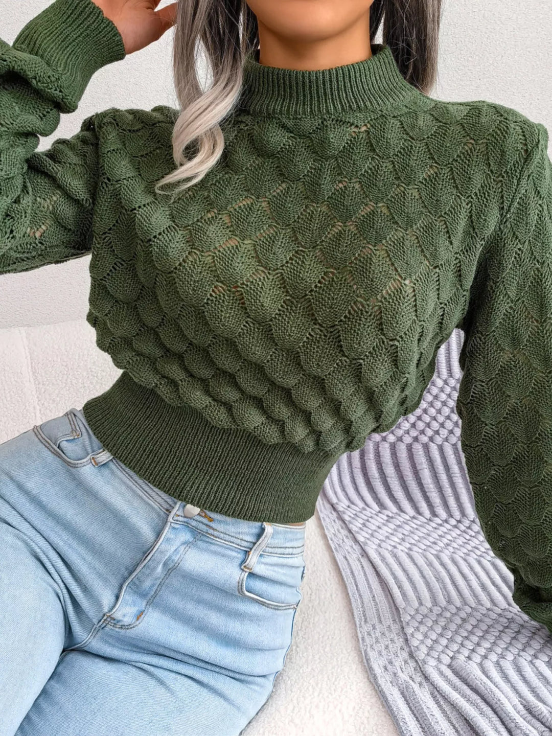 Openwork scallop knit mock neck cropped sweater