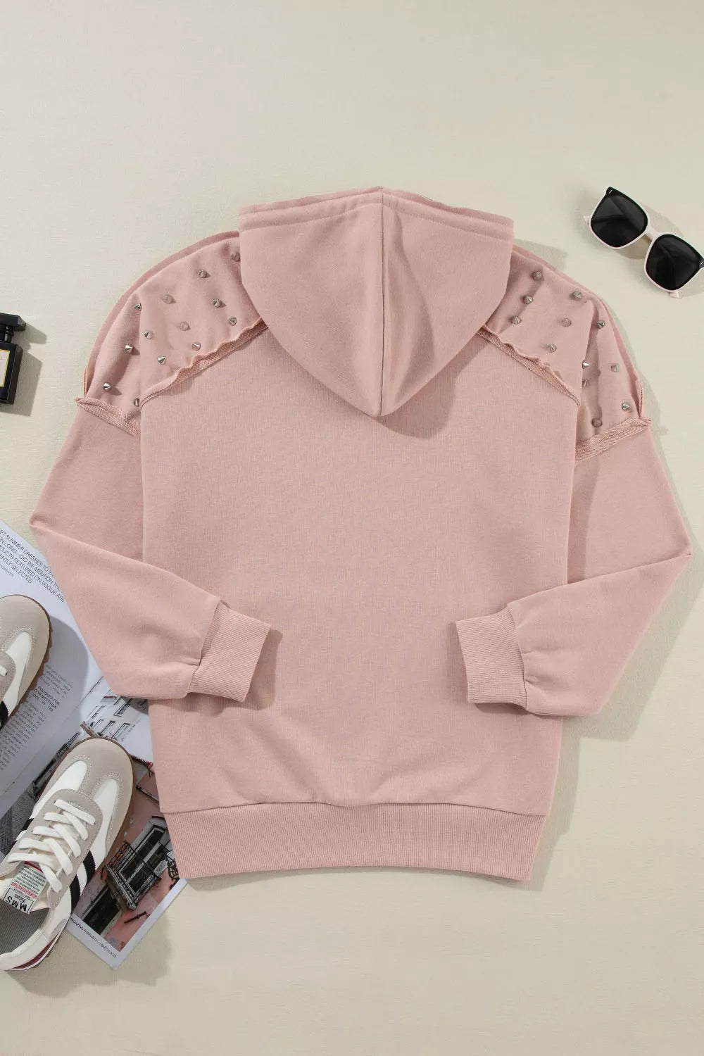 Studded shoulder drawstring hoodie with kangaroo pocket