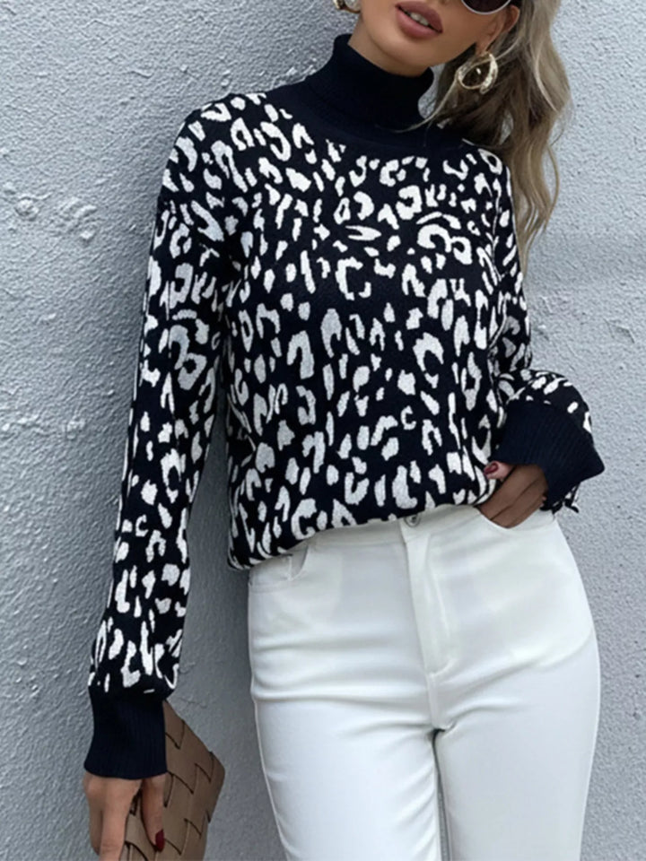 Leopard print high-neck knit pullover sweater