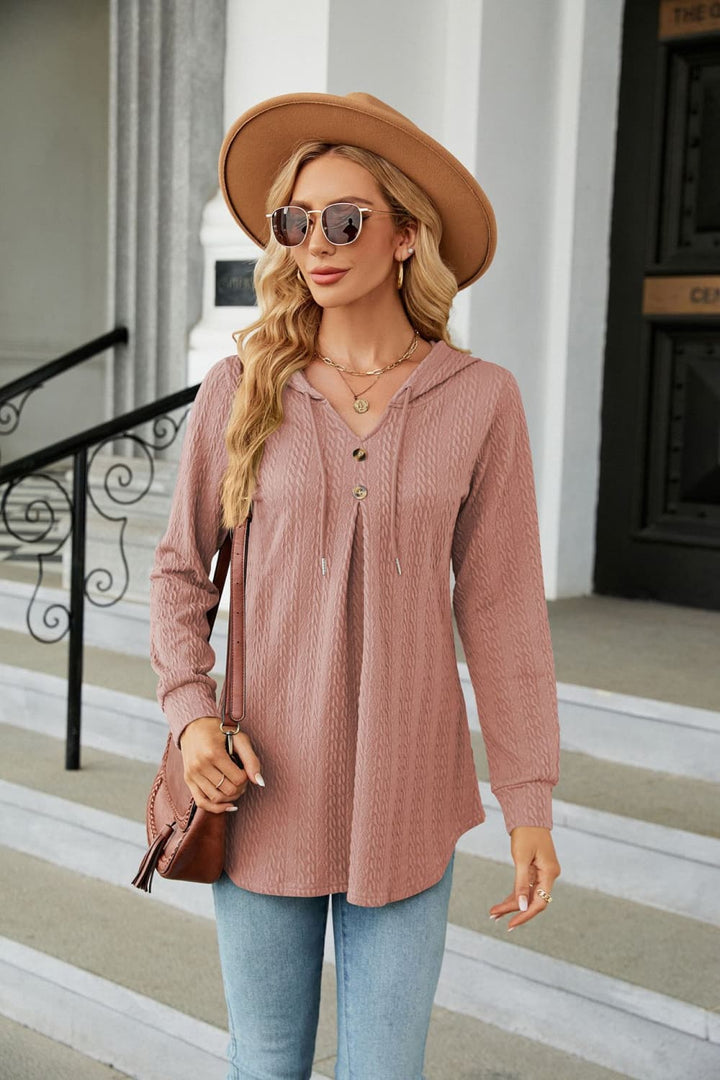 Dusty Pink Cable knit hooded top with tie neck and button placket