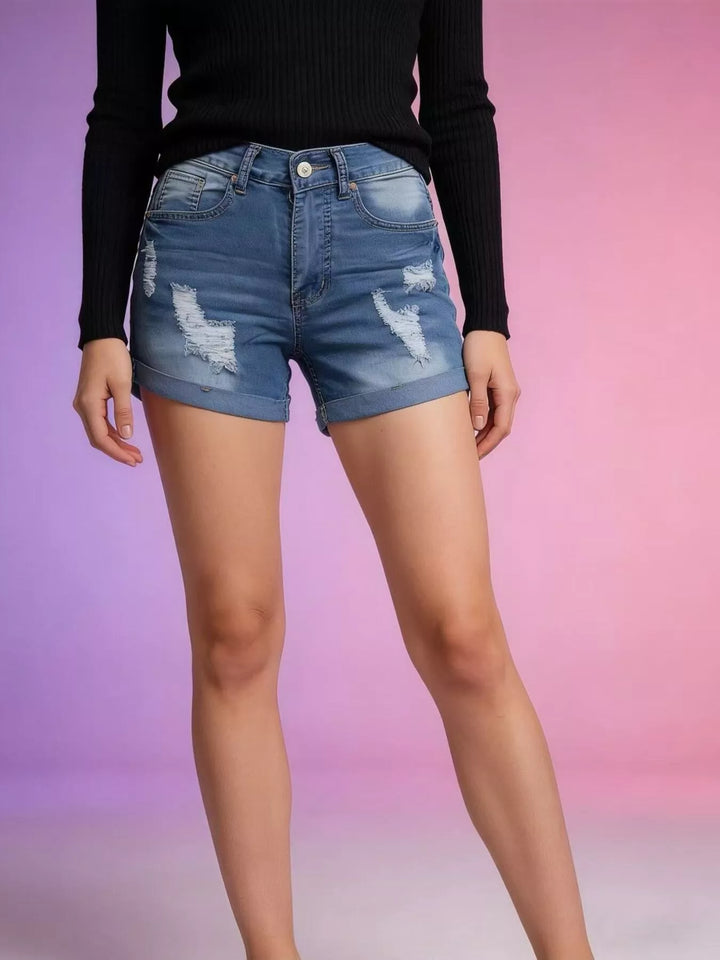 Light Blue Distressed mid-rise denim shorts with cuffed hem