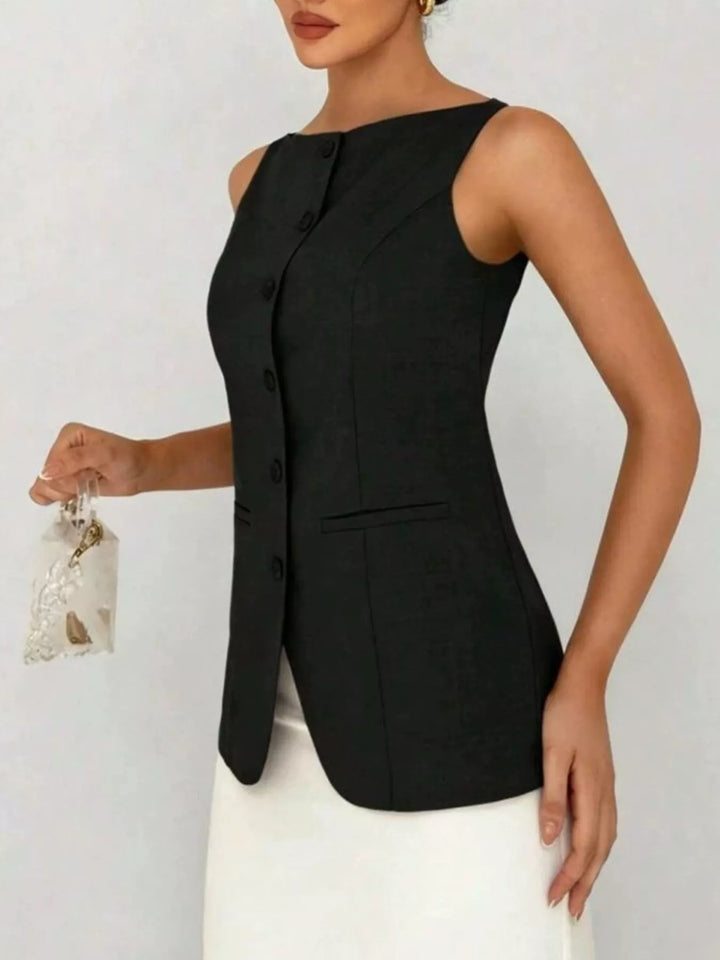 Sleeveless button-down tailored vest with welt pockets