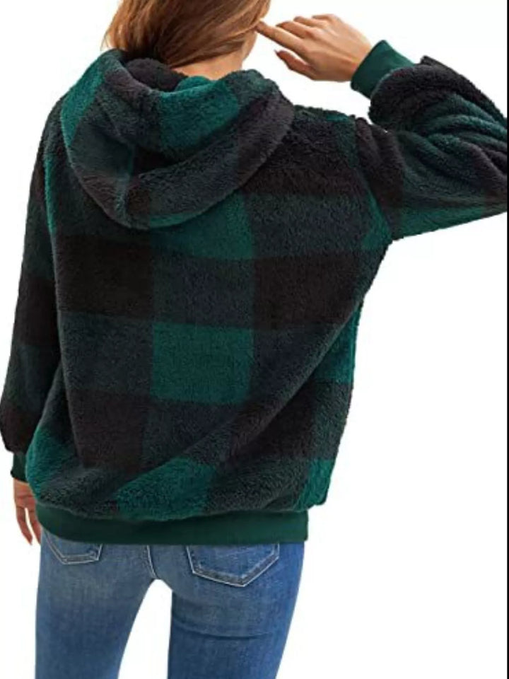 Plaid sherpa quarter-zip hoodie with front pocket