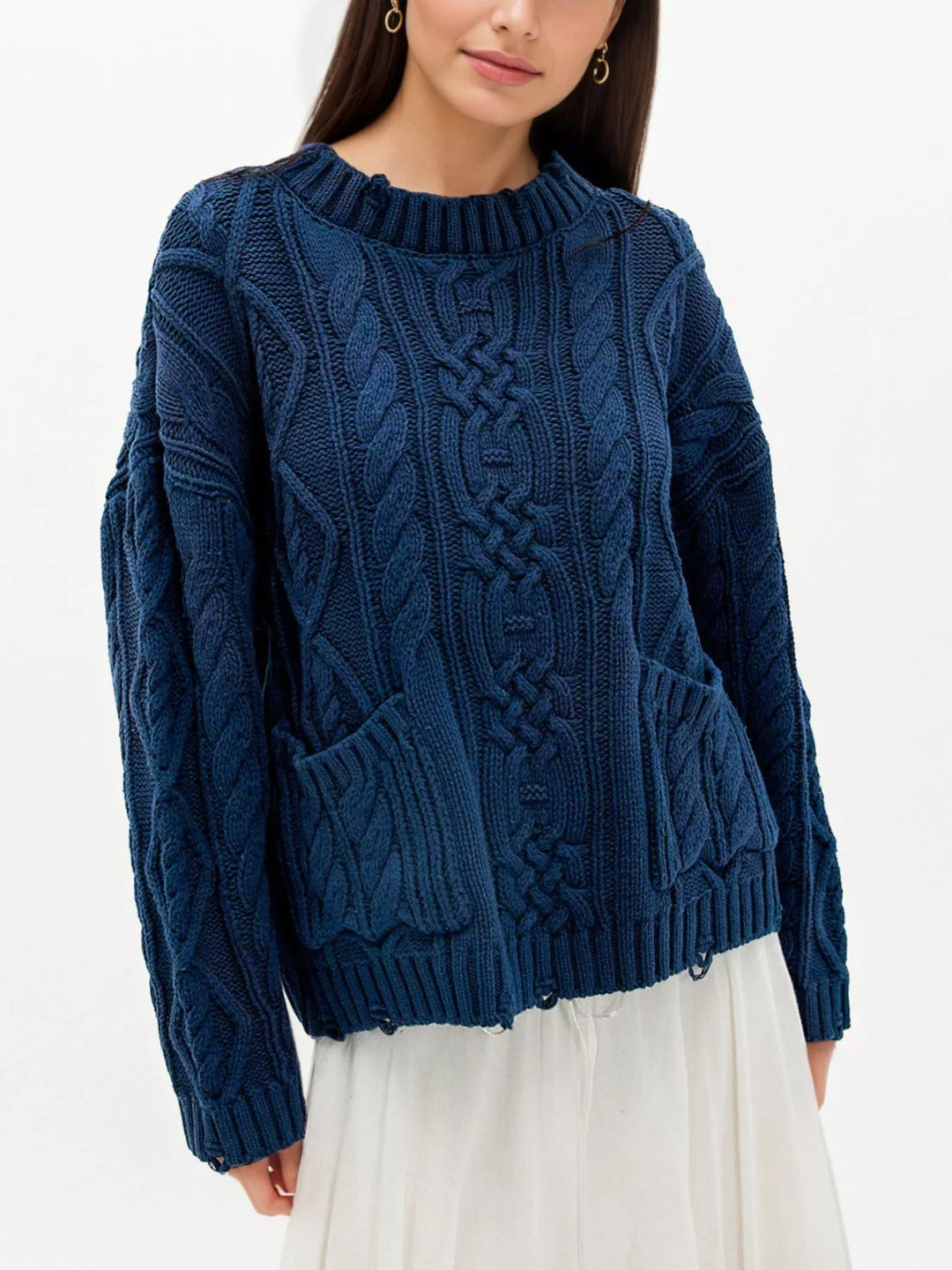Blue Cable knit sweater with patch pockets and raw hem