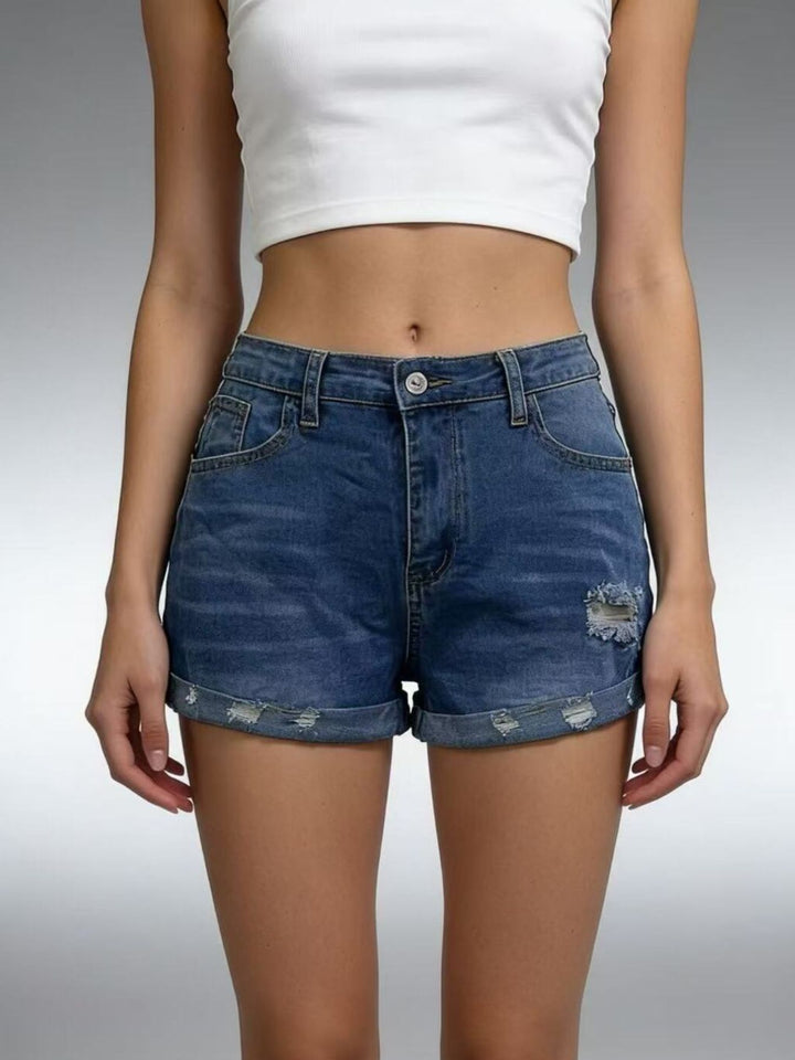Distressed roll-up denim shorts with cuffed hem