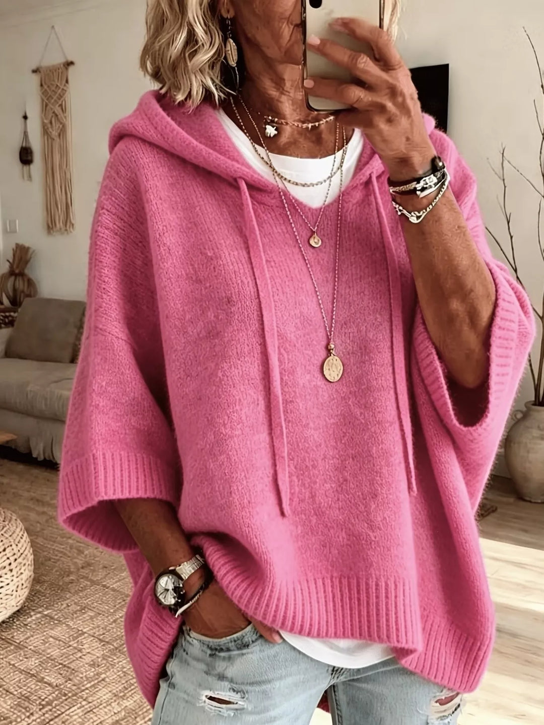 Pink Hooded batwing sleeve knit sweater with drawstring