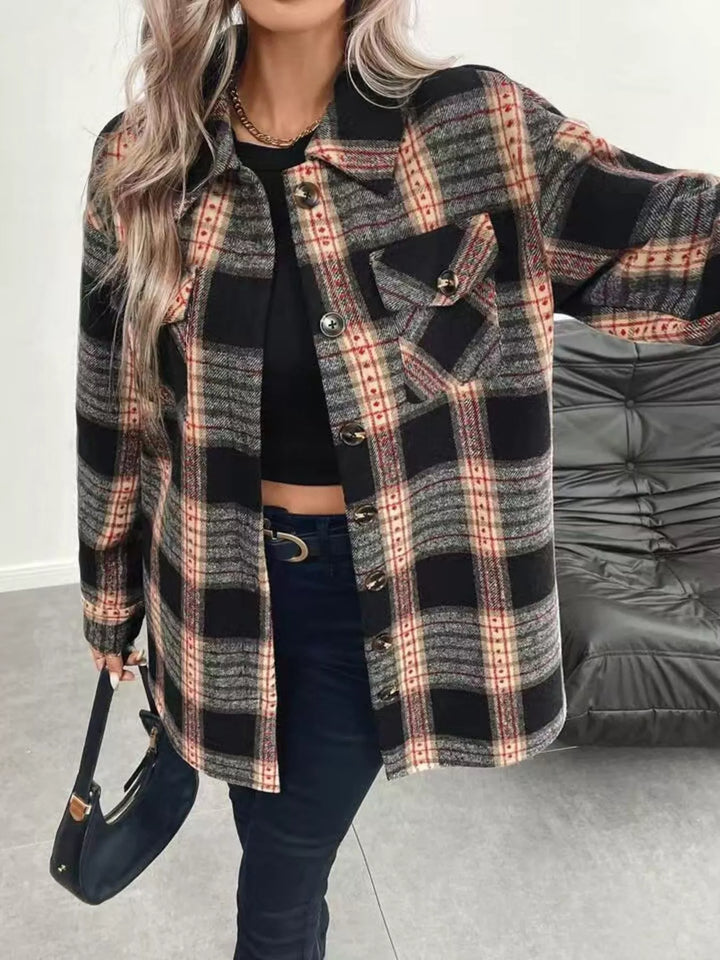 Plaid button-up shacket with flap chest pockets