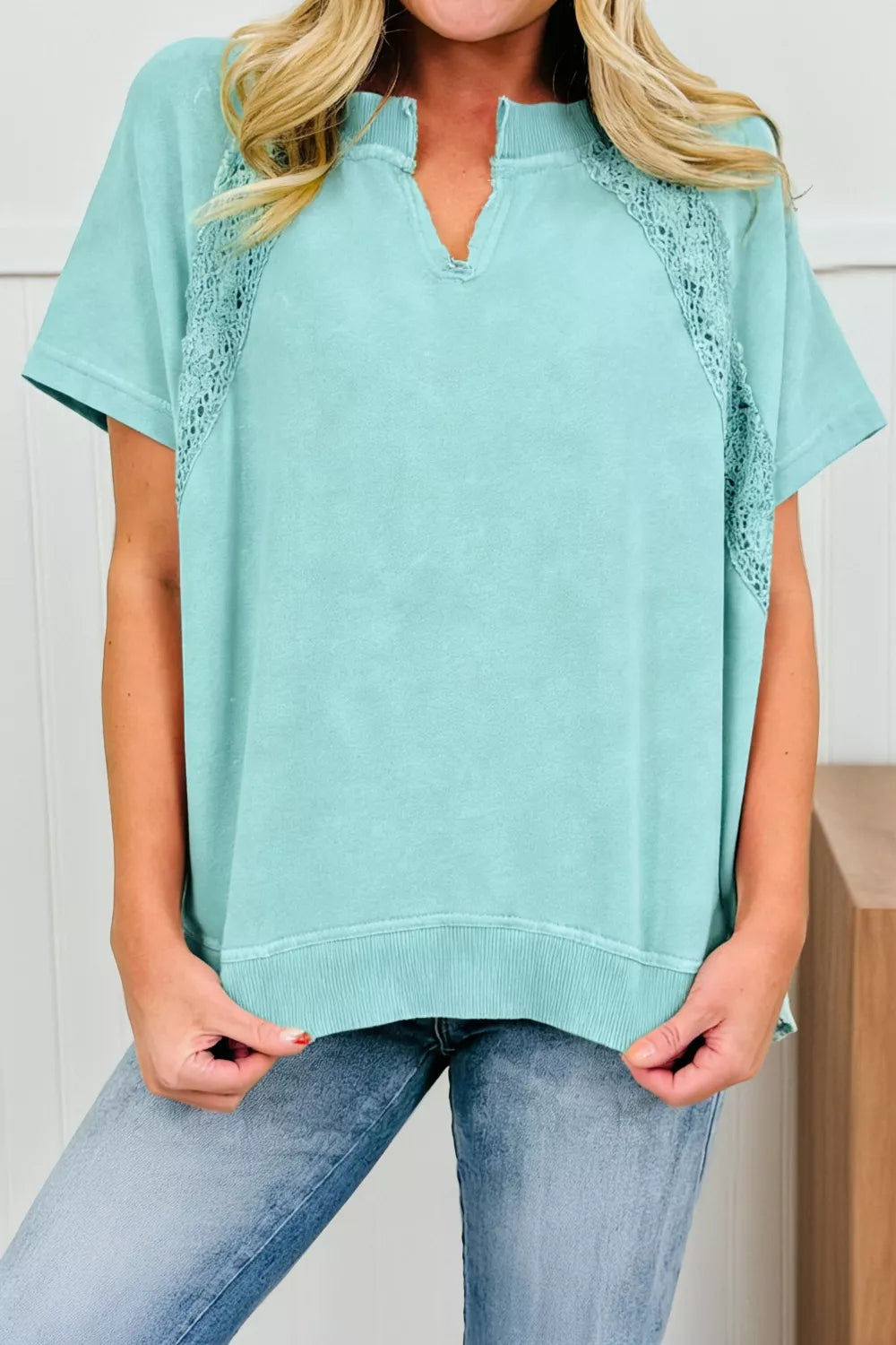 Mint Blue Notched-neck mineral wash tee with lace raglan trim