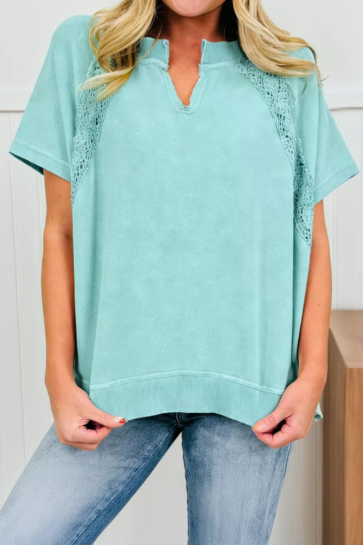 Mint Blue Notched-neck mineral wash tee with lace raglan trim