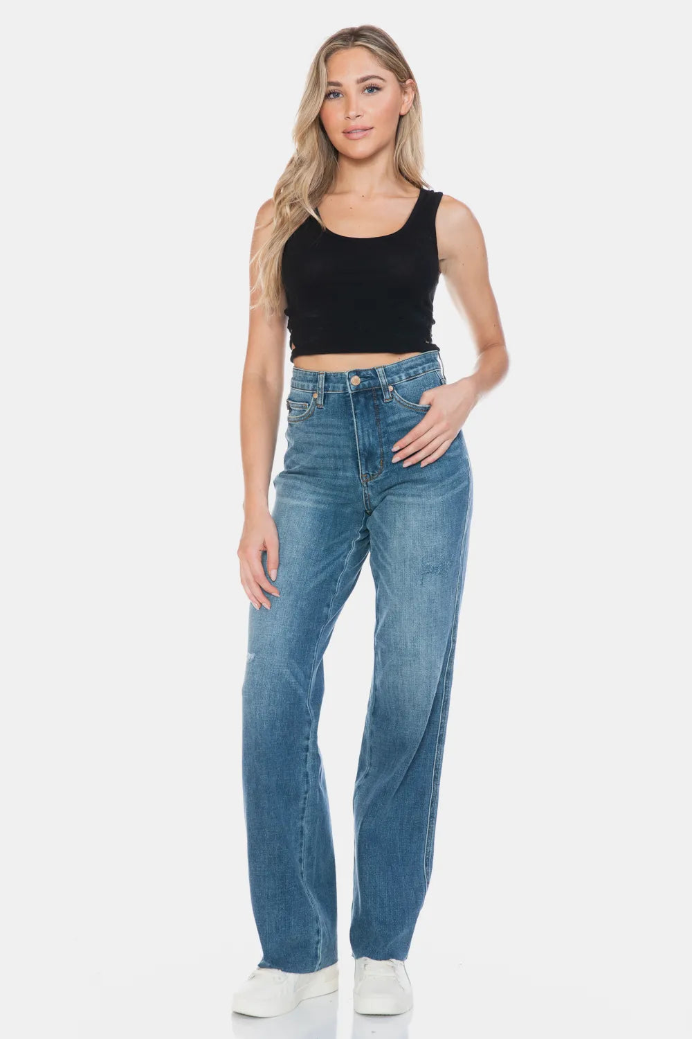 High-rise tummy control straight jeans with raw hem