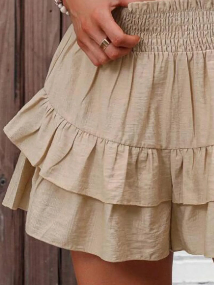Tiered ruffle high-waist smocked skort with built-in shorts