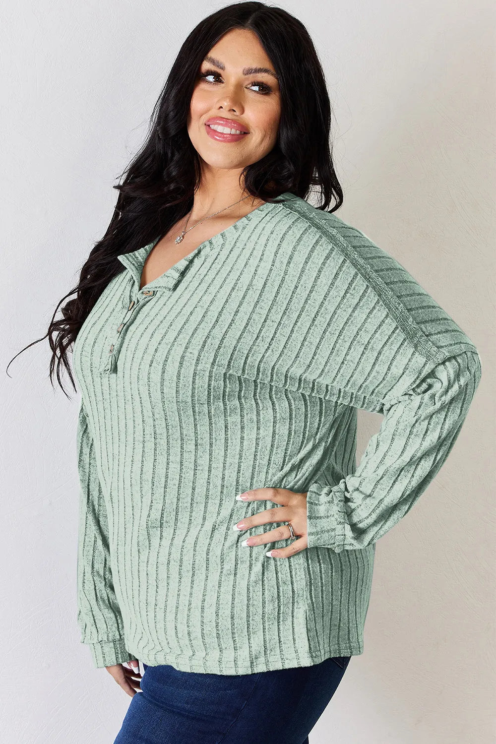 Ribbed knit half-button henley long sleeve top