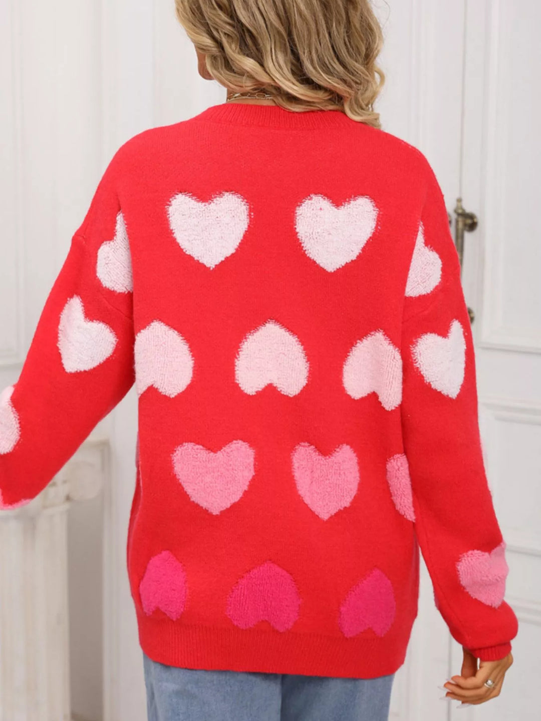 Fuzzy heart color-block crew neck knit sweater