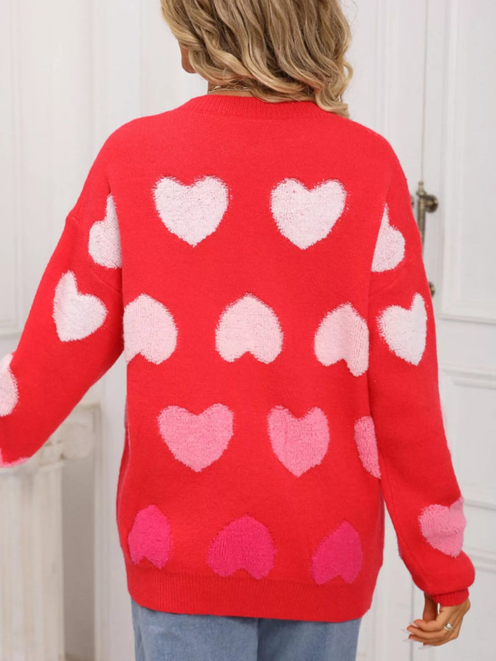 Fuzzy heart color-block crew neck knit sweater