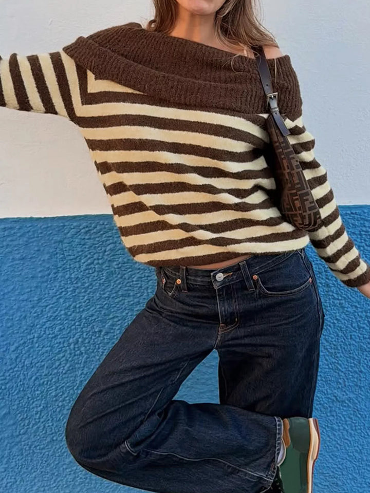 Striped off-shoulder knit sweater with foldover ribbed collar