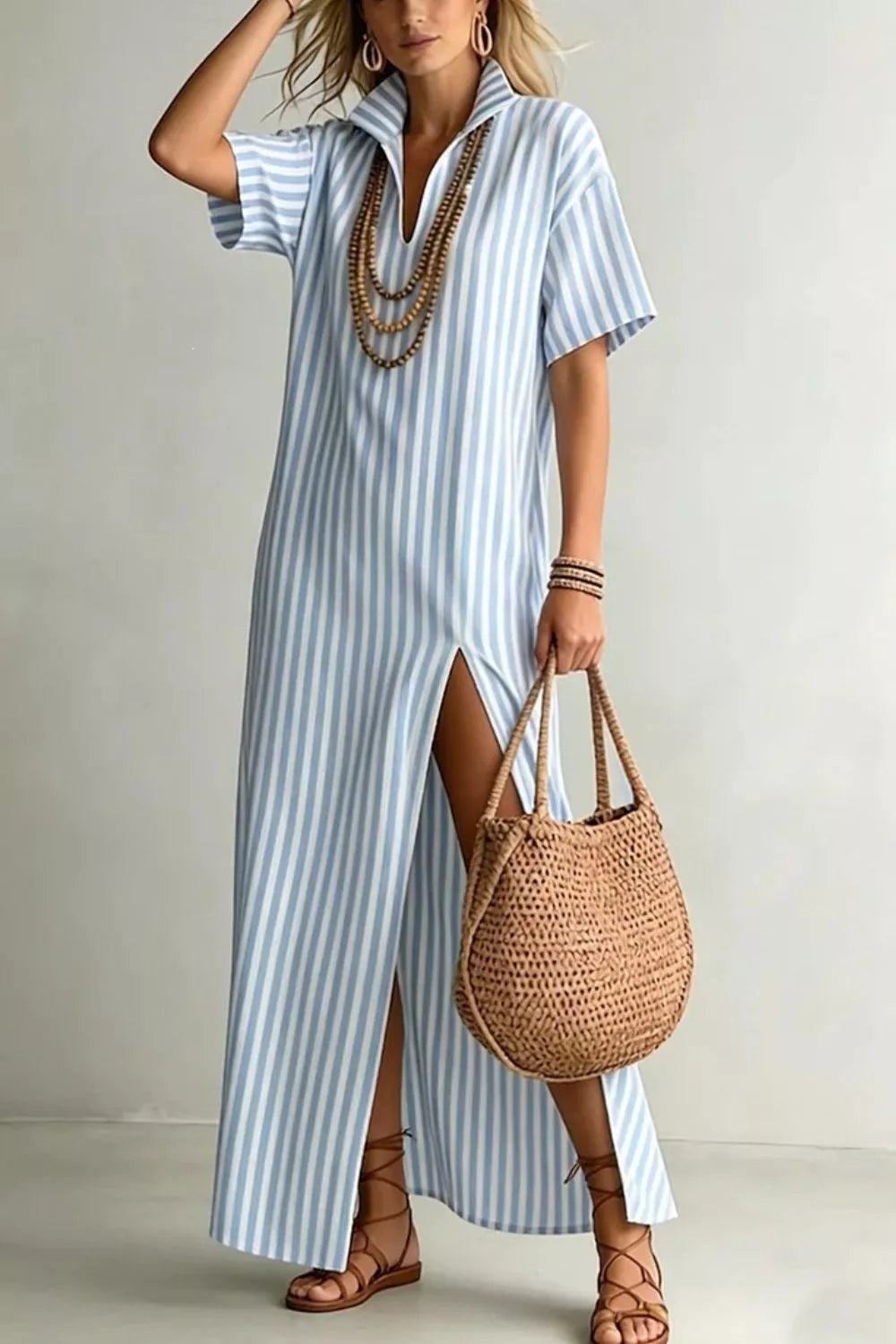 Light Blue Striped collared maxi dress with high front slit