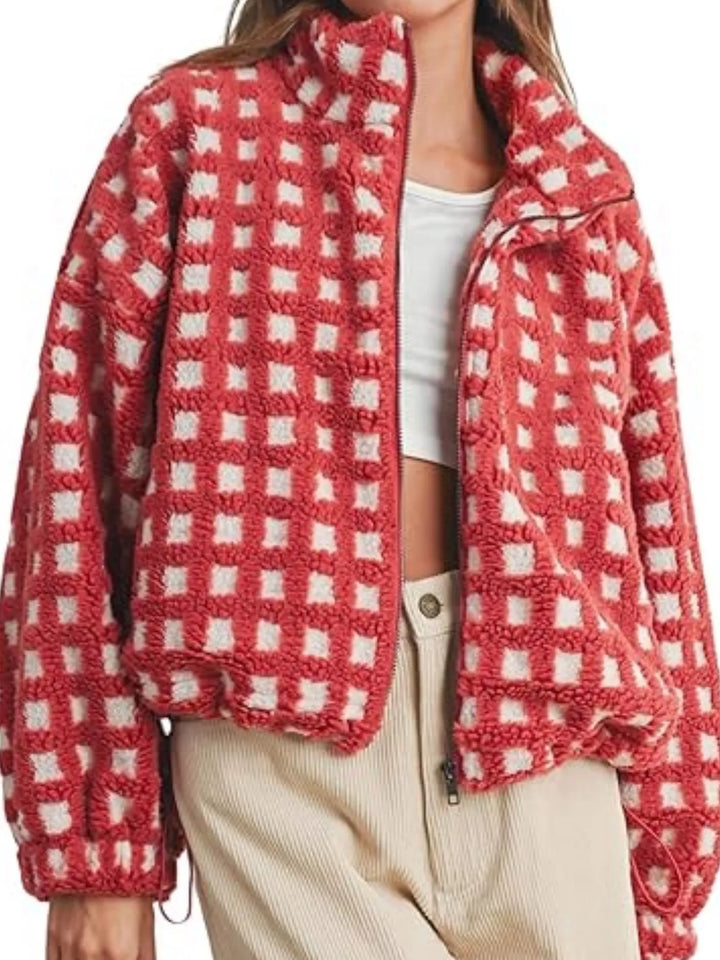 Red Grid Plaid sherpa zip-up jacket with stand collar and drawstring hem