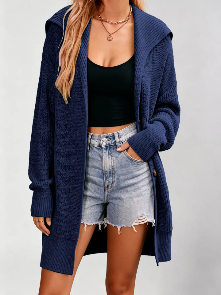 Dark Blue Hooded longline button-front knit cardigan with pockets