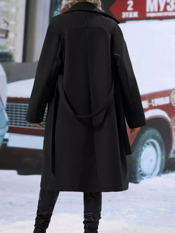 Double-breasted tie-waist long coat with notch lapels