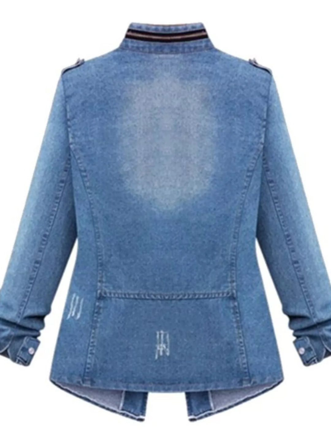 Distressed zip-up utility denim jacket with cinched waist