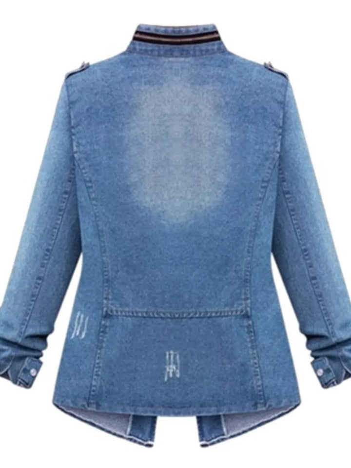Distressed zip-up utility denim jacket with cinched waist