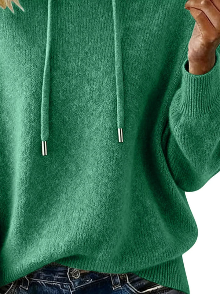 Drawstring hooded knit sweater with ribbed cuffs