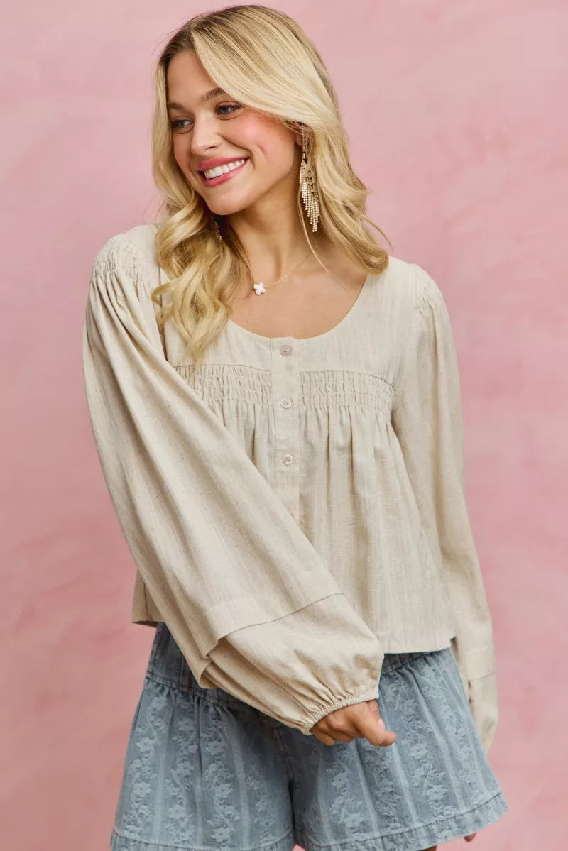 Smocked button-front puff sleeve linen blend top