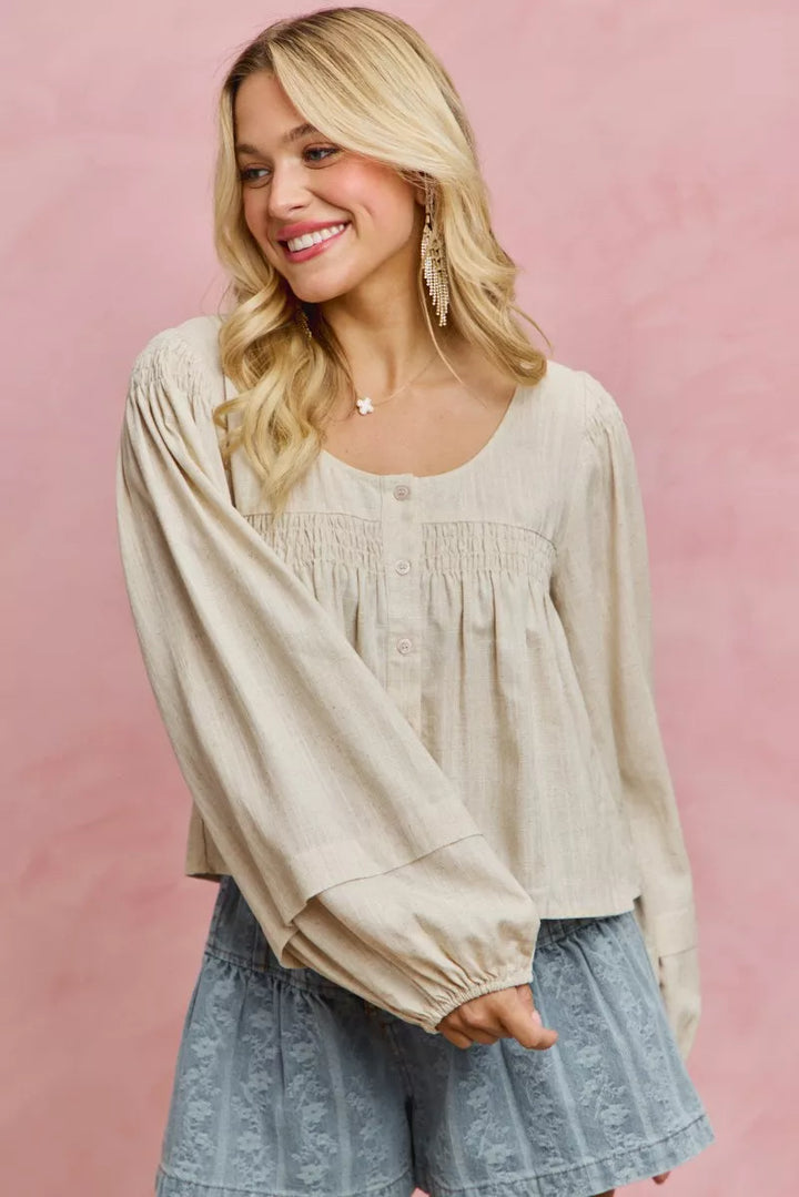 Smocked button-front puff sleeve linen blend top