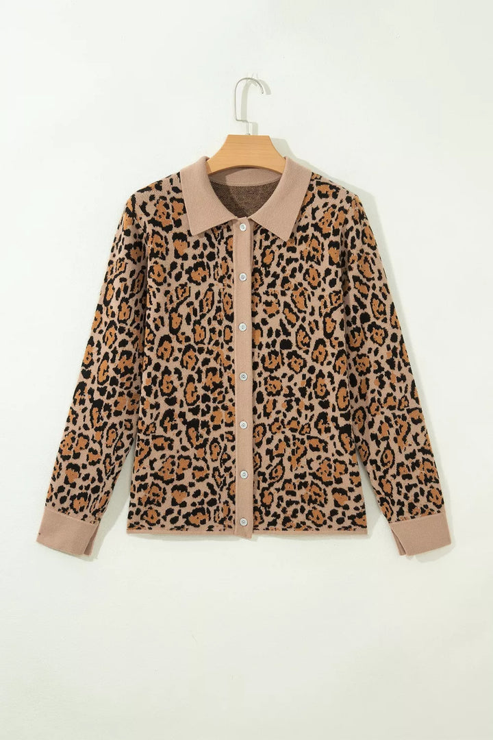 Leopard print collared button-front knit cardigan
