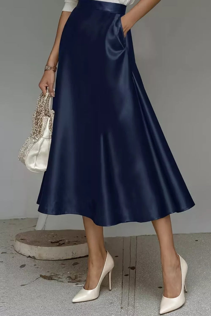 High-waist satin A-line midi skirt with pockets