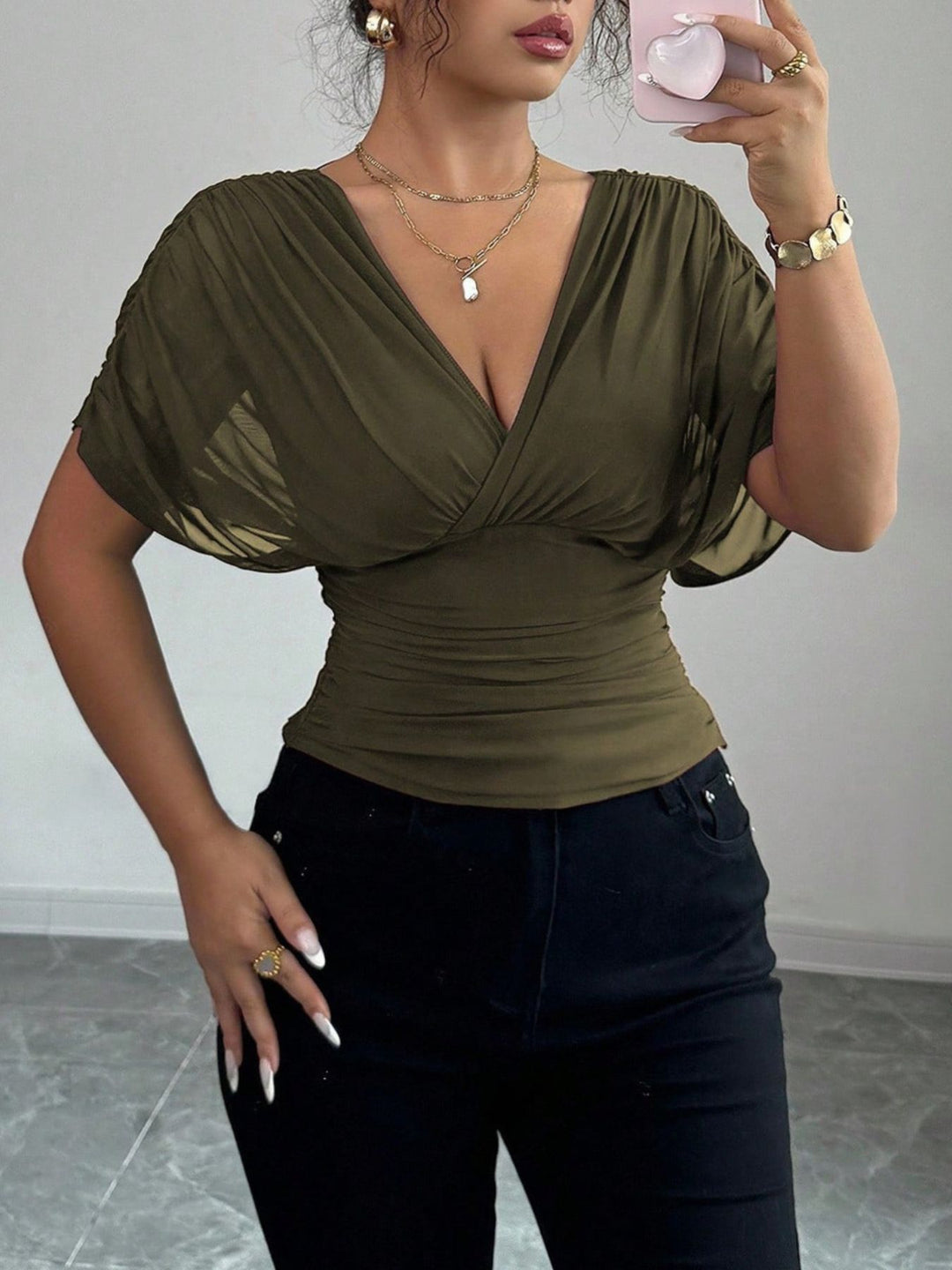 Army Green Ruched surplice wrap top with short dolman sleeves