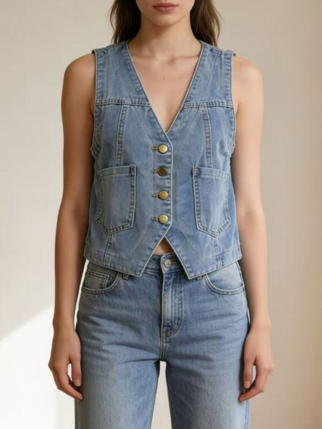 Button-down denim vest with patch pockets