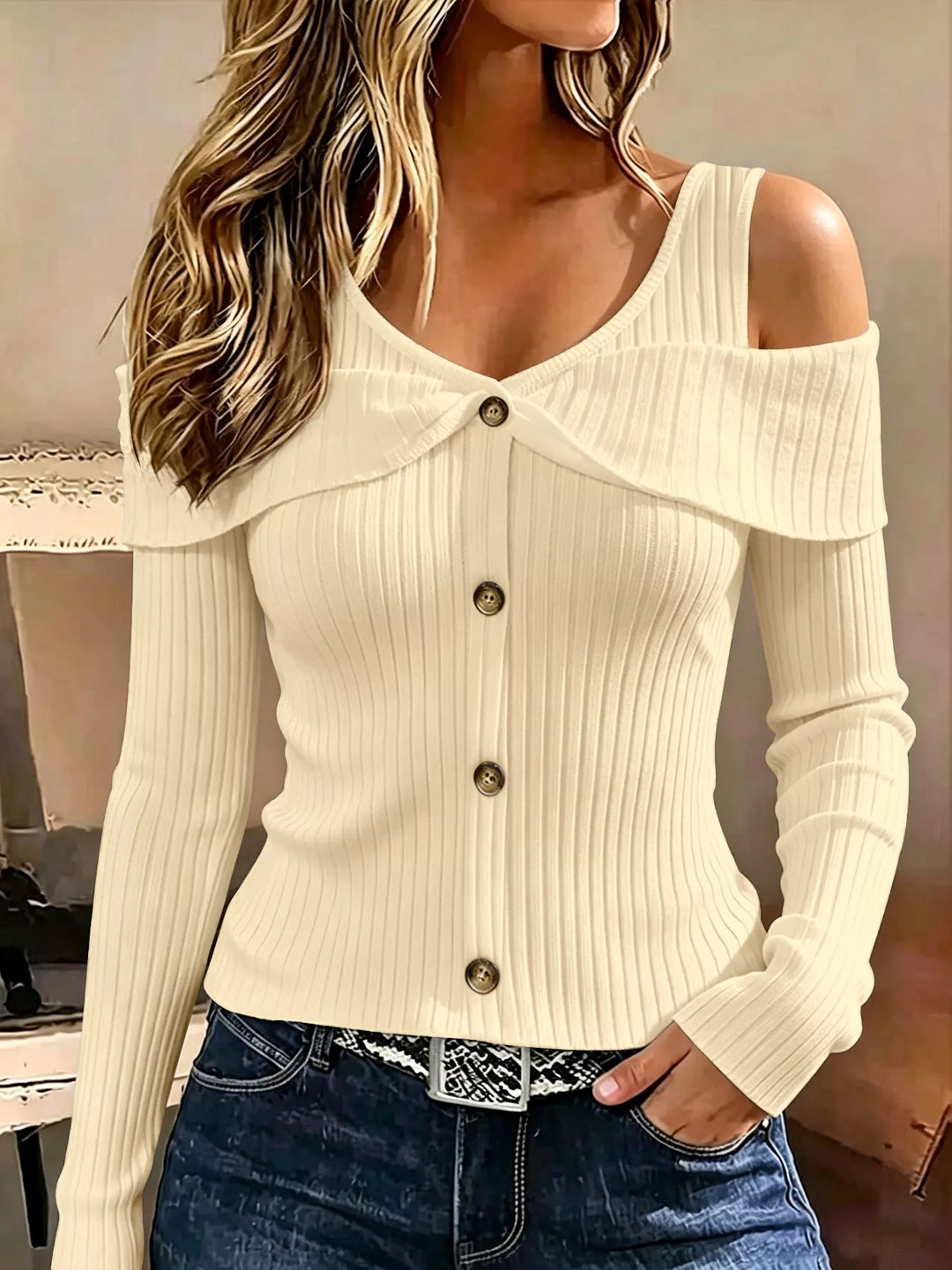 Apricot Cold shoulder ribbed knit top with foldover collar and buttons
