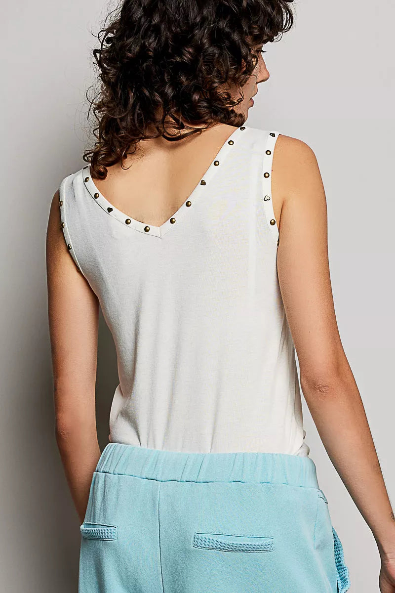 Studded V-neck sleeveless knit tank with button-front ruffle