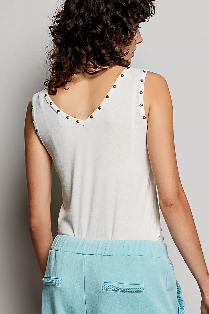 Studded V-neck sleeveless knit tank with button-front ruffle