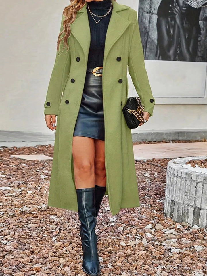 Green Double-breasted longline trench coat with notch lapels - Tan