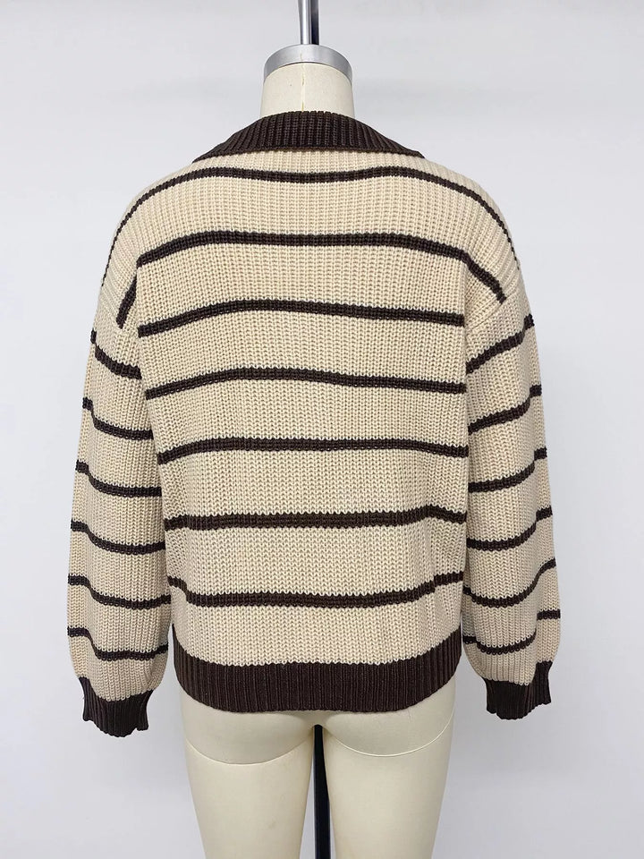 Striped waffle knit polo sweater with contrast collar