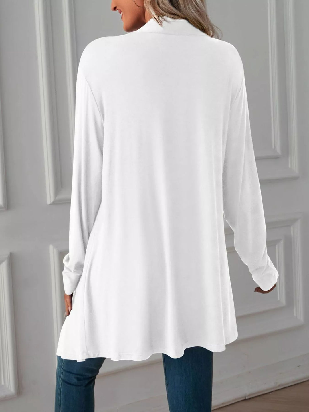 Lightweight open front cardigan with draped waterfall hem