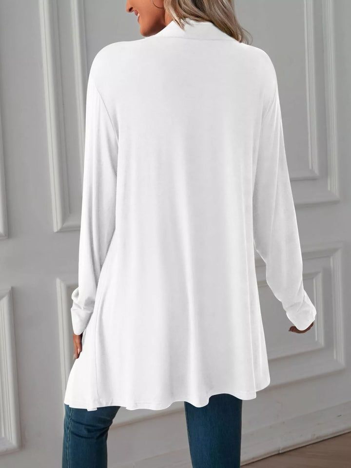 Lightweight open front cardigan with draped waterfall hem