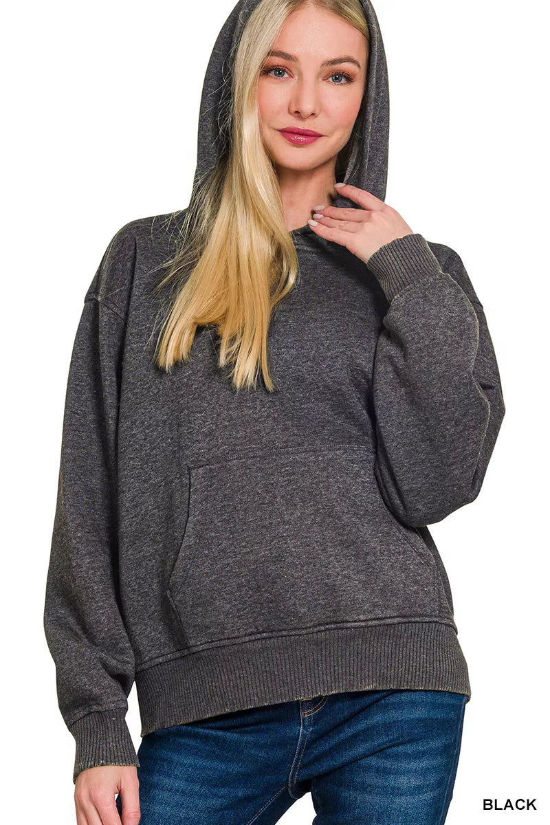 Acid wash fleece pullover hoodie with kangaroo pocket