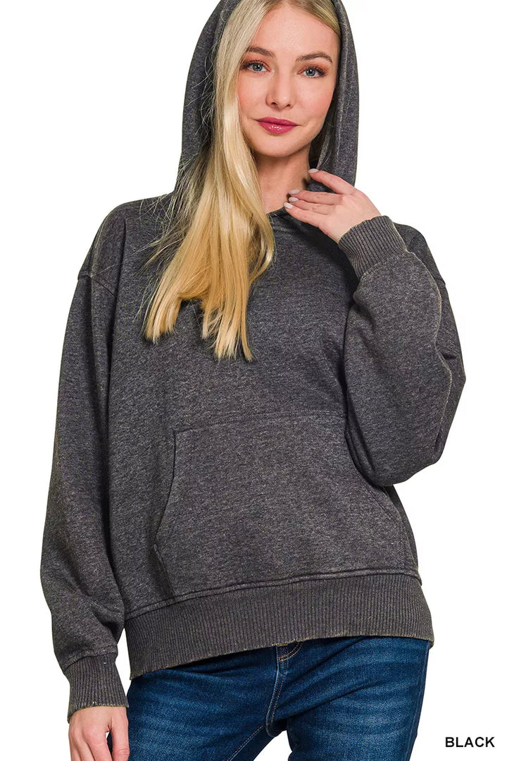 Acid wash fleece pullover hoodie with kangaroo pocket