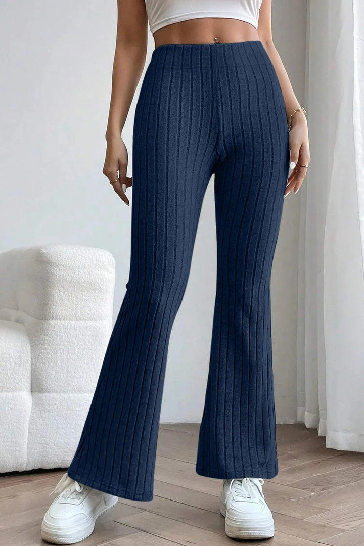 Dark Blue Ribbed knit high-waist flare pants with pull-on waist
