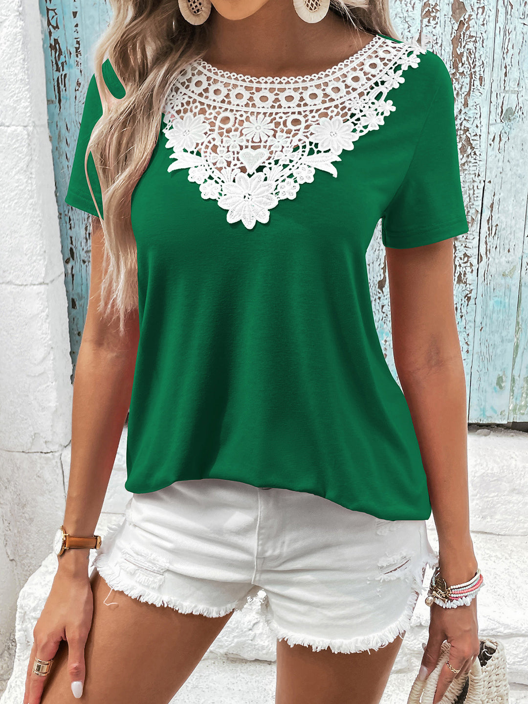 Contrast floral crochet lace short sleeve top