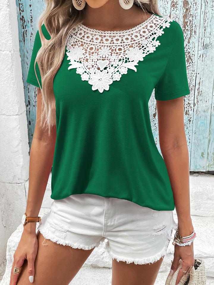 Contrast floral crochet lace short sleeve top