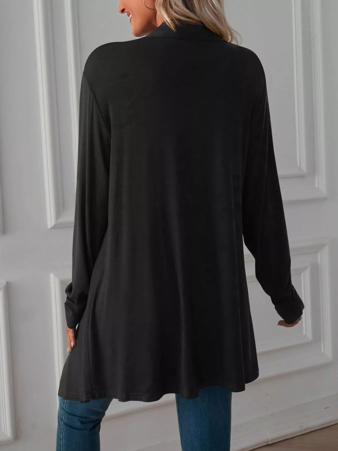 Lightweight open front cardigan with draped waterfall hem