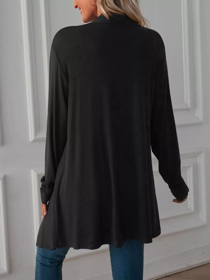 Lightweight open front cardigan with draped waterfall hem